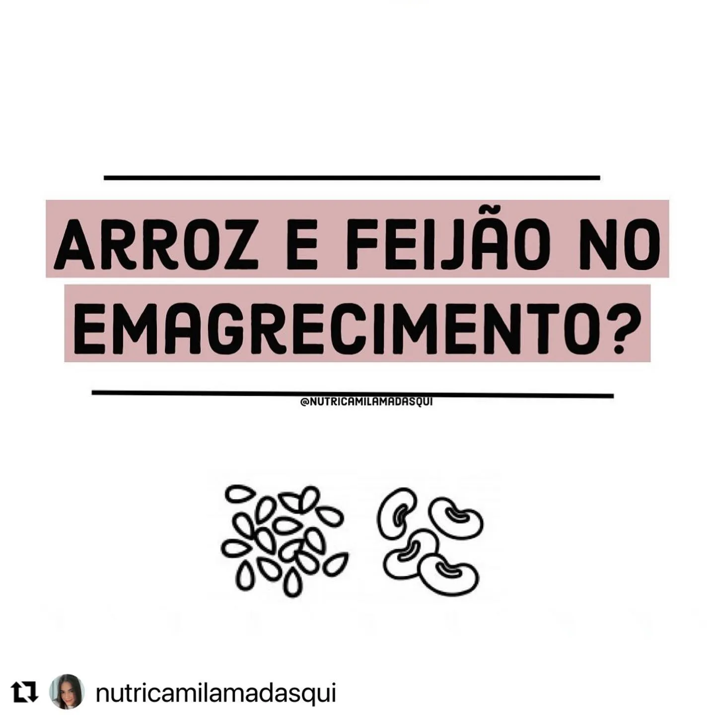 Ilustração de grãos de arroz e feijão com o texto Arroz e feijão no emagrecimento?