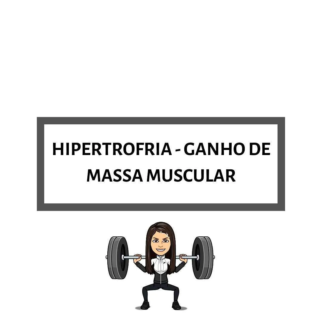 Avatar de mulher agachando com barra de peso e o texto Hipertrofia, ganho de massa muscular