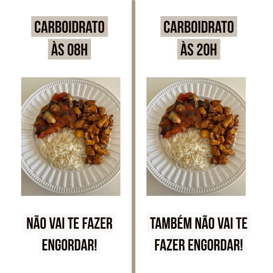 Prato de arroz, frango e berinjela comparando comer carboidrato às 8h e às 20h, sem engordar